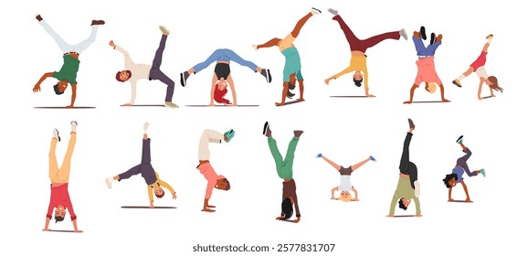 Happy adult people and children cartoon characters standing upside down feeling positive and joy isolated set. Playful active male female person rejoicing making handstand vector illustration