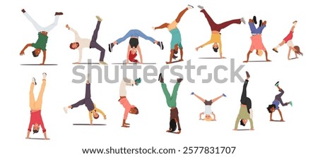 Happy adult people and children cartoon characters standing upside down feeling positive and joy isolated set. Playful active male female person rejoicing making handstand vector illustration