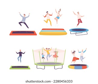 Alegres adultos y niños saltando sobre el escenario de los trampolines. Gente energética rebotando y divirtiéndose en la ilustración vectorial plana
