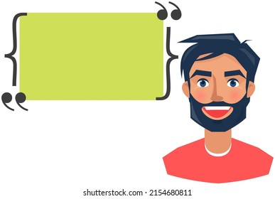 Happy adult smiling man and big blank speech bubble, information, thought, quote and opinion. Thinking chat box, communication and dialogue, empty discussion message above head of male character