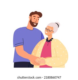 Happy adult son hugging old mother feeling love to each other. Portrait of young man hugging his grandma. Friendly family relationship. Cartoon vector flat illustration on white background.