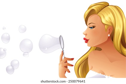 Happy adult woman is blowing soap bubbles