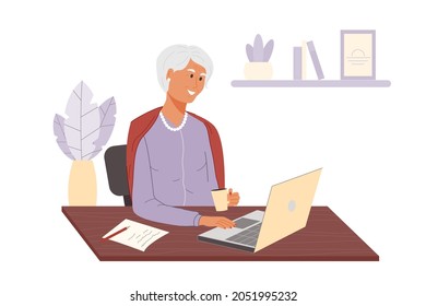 Happy adult woman drinks coffee and using laptop at home. Smiling elderly lady sitting on chair at the table and looking in computer. Flat cartoon vector illustration isolated on white background