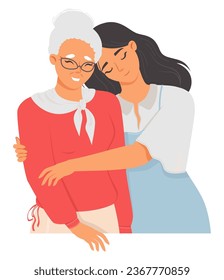 Happy adult woman hugging her old senior mother portrait isolated on white background. Loving family members embracing feeling adoration and tenderness and gratitude vector illustration