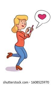 Happy adult woman posting via mobile receiving likes in social media network. Positive feedback, followers increase. Smartphone addiction. Heart in speech bubble. Vector flat illustration