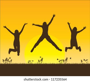 happy adult women jumping silhouette