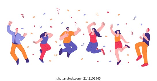 Happy adults celebrating. Jump people and falling confetti. Fun jumping young person, isolated celebration of people group. Hooray kicky vector characters