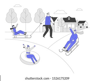 Happy Adults and Children Having Fun Sledding on Tubing and Sleds Downhill During Winter Holidays. People Wintertime Outdoors Activity Vacation Spare Time. Cartoon Flat Vector Illustration, Line Art