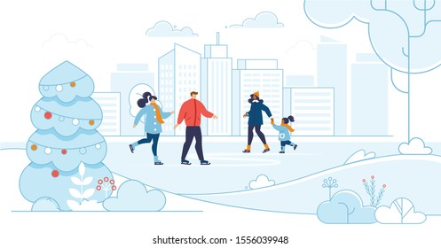 Happy Adults and Children Skating on City Rink. Cartoon Mother with Kid, Young Man and Woman Couple on Ice. Snowy Winter Weather. Christmas Eve, New Year Celebration Outdoors. Vector Flat Illustration