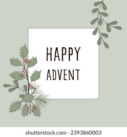 Happy Advent. Square greeting card with winter branches and berries on a pastel green frame.