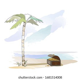 Happy adventure for the treasure. Robinson tour. Island and palm. The dream and the tourism. Island and palm for great vocation. Illustration for a book, map, poster, game and background. Color book.