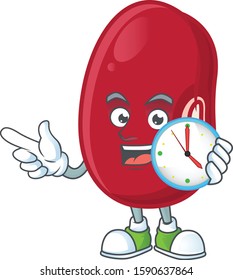 Happy adzuki beans cartoon mascot style with clock