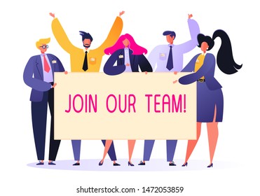 Happy, affable business people holding hiring banner. Recruitment concept, agency interview. Flat people characters offer to join their team. Illustration for banners, social networks and advertising.