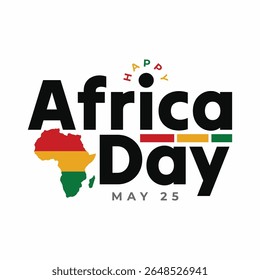 Happy Africa Day banner template design with African map silhouette and red, yellow, green flag color text. Africa Day typography greeting card, sticker, label, tag to celebrate on May 25