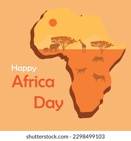 Happy Africa Day with africa map and african animals and trees and mountain greeting card