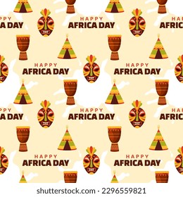 Happy Africa Day Seamless Pattern Design with Culture African Tribal Figures Decoration in Template Hand Drawn Cartoon Flat Landing Page Illustration