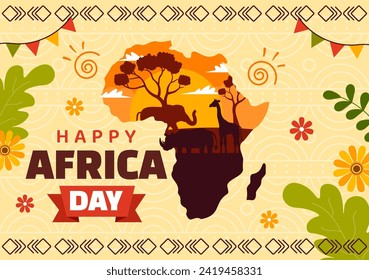 Happy Africa Day Vector Illustration on 25 May with Culture African Tribal Figures and Typical Animal in Flora and Fauna Flat Cartoon Background