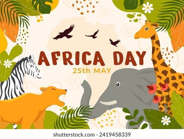 Happy Africa Day Vector Illustration on 25 May with Culture African Tribal Figures and Typical Animal in Flora and Fauna Flat Cartoon Background