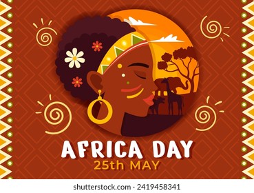 Happy Africa Day Vector Illustration on 25 May with Culture African Tribal Figures and Typical Animal in Flora and Fauna Flat Cartoon Background