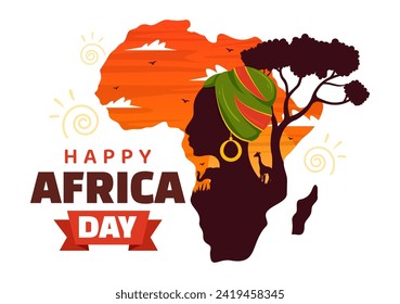 Happy Africa Day Vector Illustration on 25 May with Culture African Tribal Figures and Typical Animal in Flora and Fauna Flat Cartoon Background