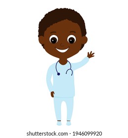 Happy African American or African boy in doctor clothes waving hello. Cute and friendly child for illustrations of medical themes for kids. Illustrations of the types of profession for kids.