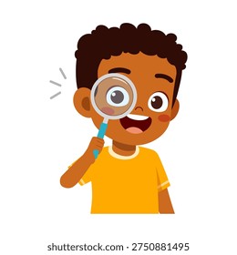 Happy African American boy exploring with a magnifying glass showing curiosity and a joyful smile