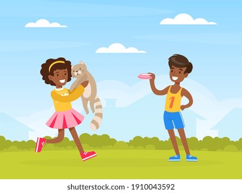 Happy African American Boy and Girl Playing with Cat Outdoors, Kids Having Fun and Feeding Pet Animal on Green Summer Landscape Cartoon Vector Illustration