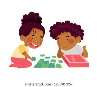 Happy African American Boy and Girl Playing Jigsaw Puzzle on the Floor Vector Illustration