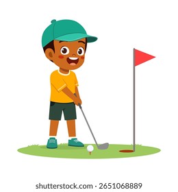 Happy African American boy playing golf on the green field near red flag illustration