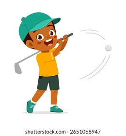 Happy African American Boy Playing Golf Hitting Ball with Golf Club in Illustration Style