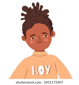 Happy African American Boy Portrait , mit einem fröhlichen, freundlichen Gesichtsausdruck. Glückliches fröhliches schwarzes Kind. Flache Vektorillustration auf weißem Hintergrund.