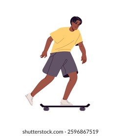 Happy African American boy rides on skateboard outdoors in summer. Black teen skates on board. Young skater has fun with longboard on street. Flat isolated vector illustration on white background