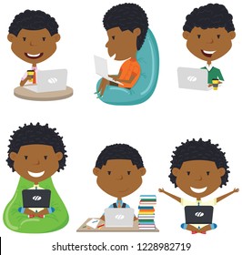 Happy African American boys with laptops. Students learn and do homework by computer. 