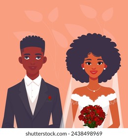 Happy african american bride and groom. Wedding elegant just marriend couple cartoon. Vector Illustration