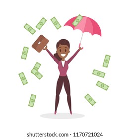 Happy african american business woman jumping surrounded by falling down money. Idea of business success. Win money in lottery. Isolated flat vector illustration