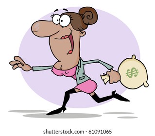 Happy African American Business Woman Running With The Money Bag