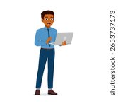 Happy African American Businessman Holding Laptop Standing and Smiling on White Background