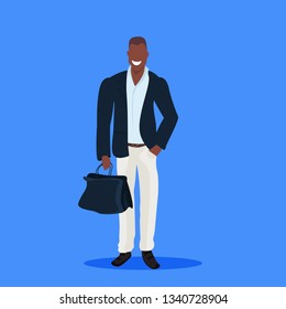 happy african american businessman holding briefcase business man office worker male cartoon character full length standing pose flat blue background