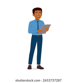 Happy African American businessman holding clipboard standing on white background