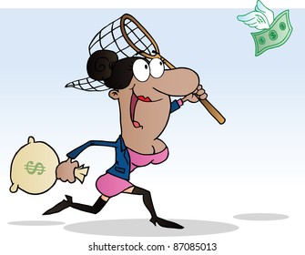 Happy African American Businesswoman Chasing Flying Money With A Net