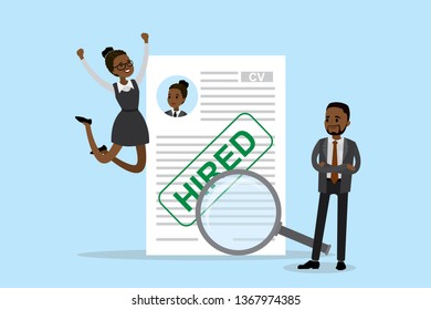 Happy african american businesswoman jumping,cv resume paper with hired stamp 