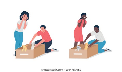 Happy african american, caucasian couple with adopted pets flat color vector detailed character set. Save cats, dogs isolated cartoon illustration for web graphic design and animation collection