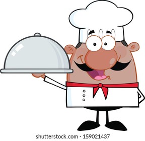 Happy African American Chef Cartoon Character Holding A Platter. Vector Illustration Isolated on white