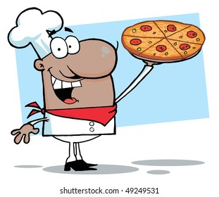 Happy African American Chef Presenting His Pizza Pie