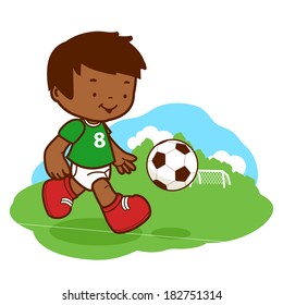 A happy African American child plays soccer on the football field. Vector illustration.