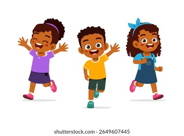 Happy African American Children Running and Waving Hand in Illustration Style on White Background