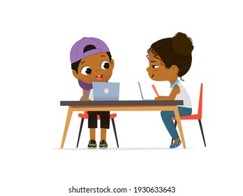 Happy African American children sitting at laptops and learning programming during school lesson. Coding for kids concept. Vector illustration for website, advertisement, poster.