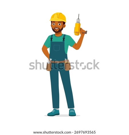 Happy African American Construction Worker Holding Drill Wearing Hard Hat Smiling