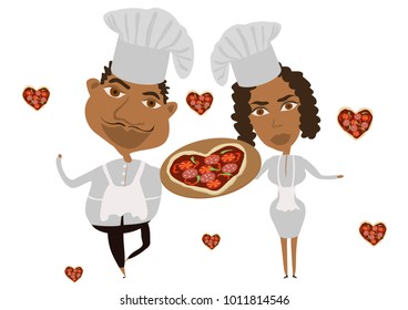 The happy african american couple of cooks hold pizza heart in arm. Happy Valentine's day, wedding, love concept. EPS 10 vector illustration.