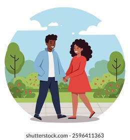 Happy African American couple dressed casually walking together in a peaceful park with green trees and fresh air sharing smiles and warmth symbolizing love companionship and romantic connection
